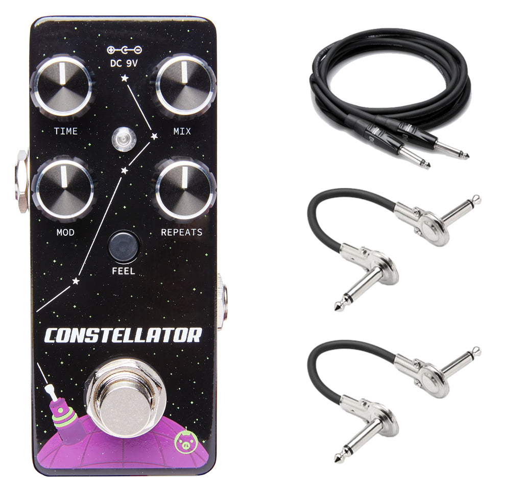 Pigtronix Constellator analog delay pedal — black starry finish, with 3 cables