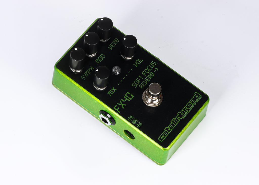 Catalinbread Soft Focus LCD Green reverb pedal — rear view with power input