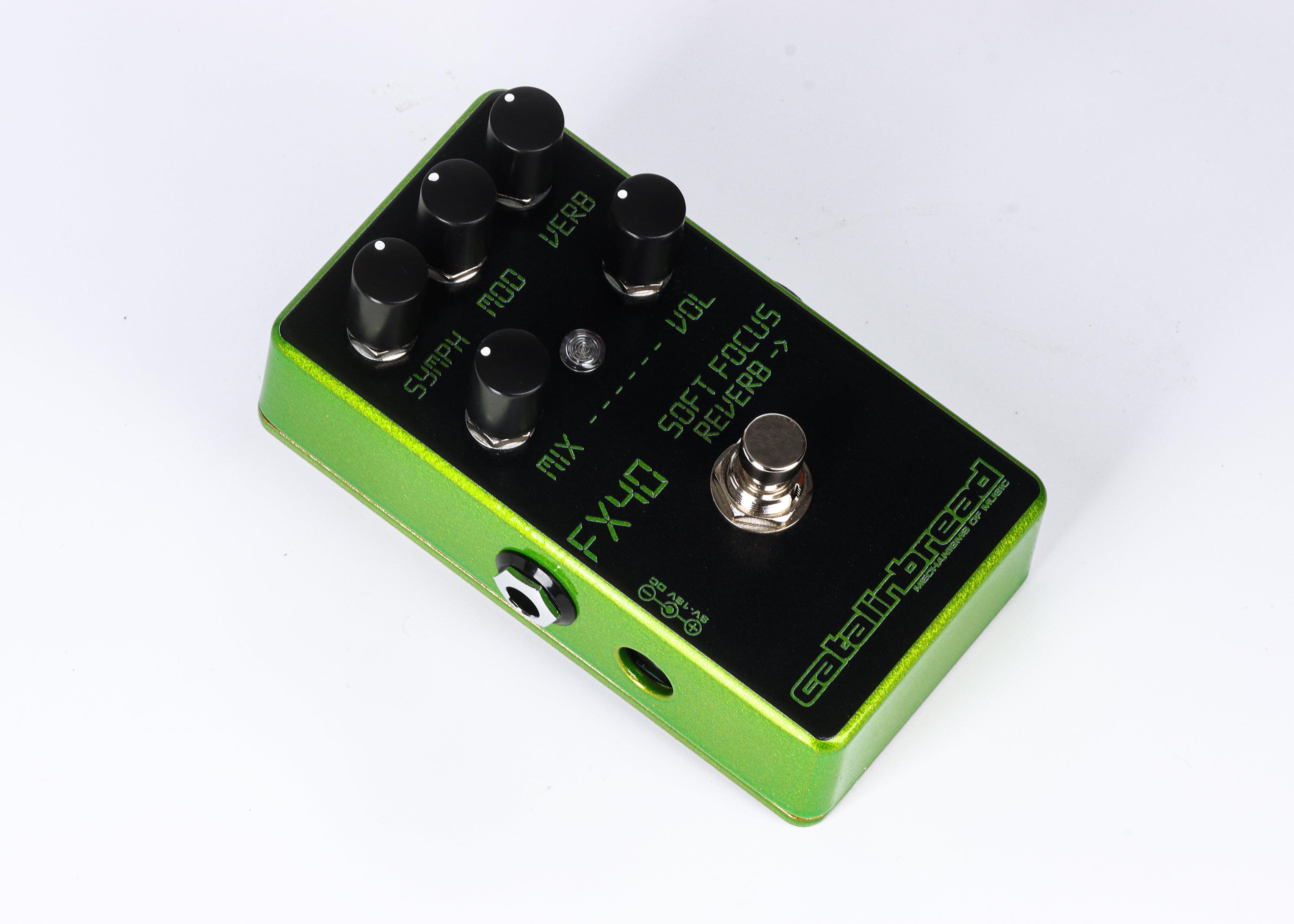 Catalinbread Soft Focus LCD Green reverb pedal — rear view with power input