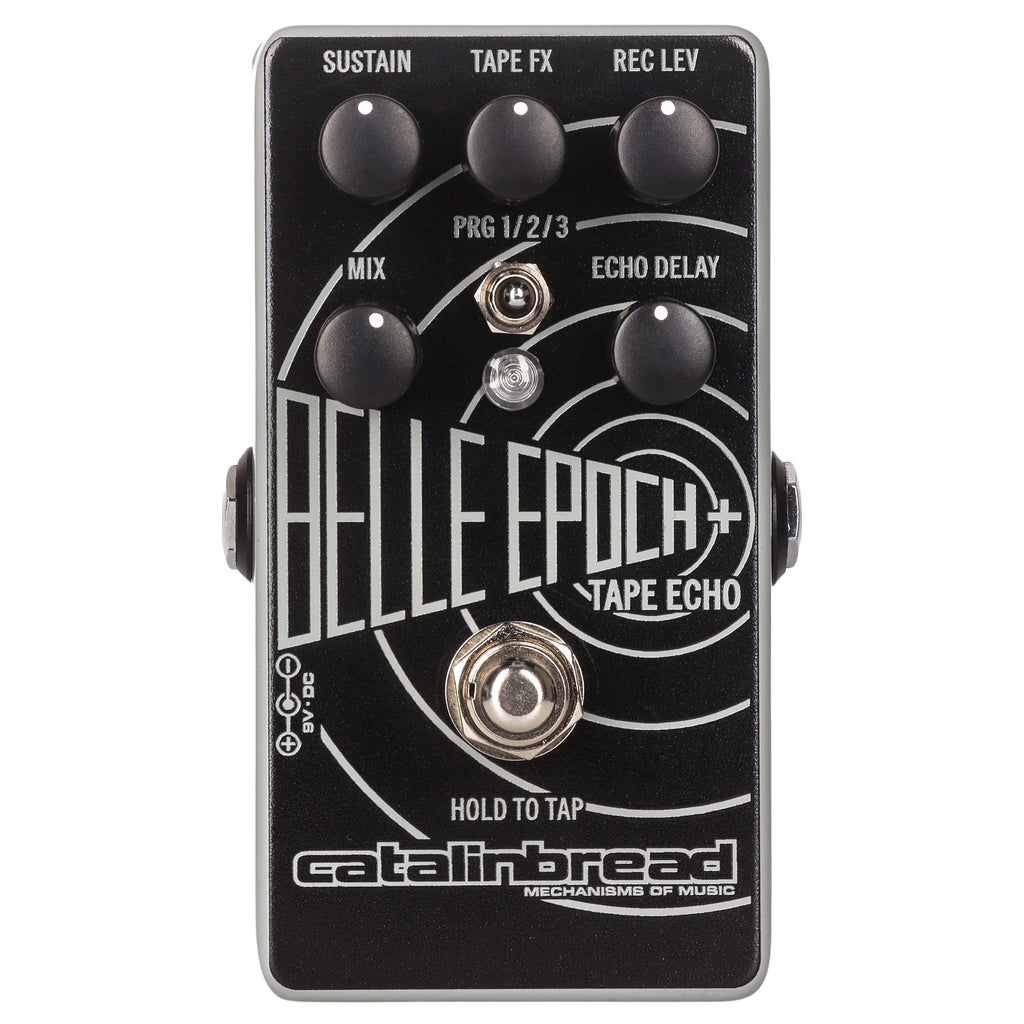 Catalinbread Belle Epoch+ tape echo delay pedal — black front panel detail