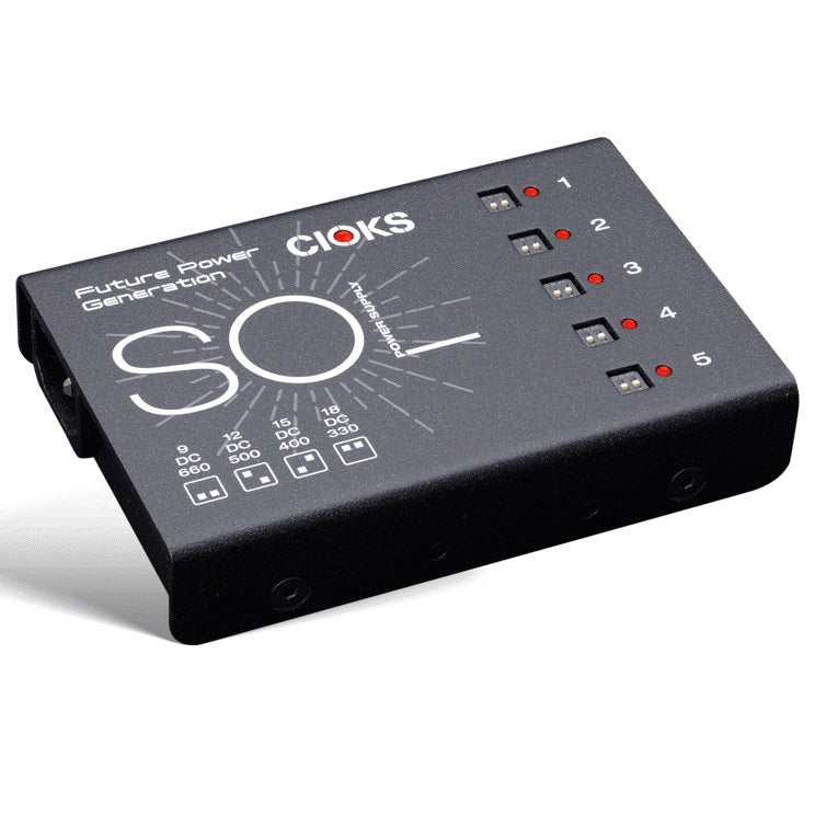 CIOKS SOL black pedal power supply — top angled view, 5 isolated outlets