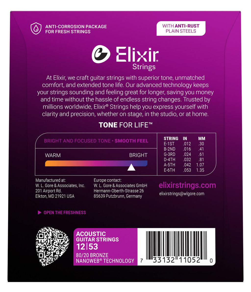 Elixir 80/20 Bronze Nanoweb Coated Acoustic Guitar Strings - Light (.012-.053)