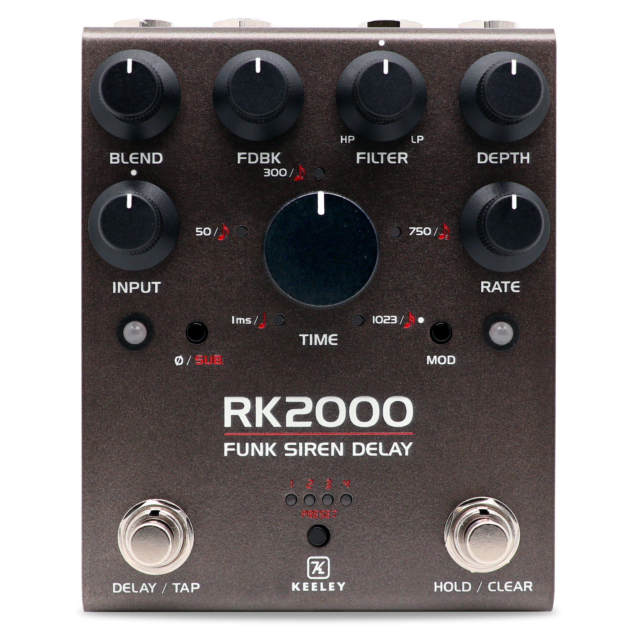 Keeley RK2000 Funk Siren Delay pedal — gray enclosure top view with eight knobs