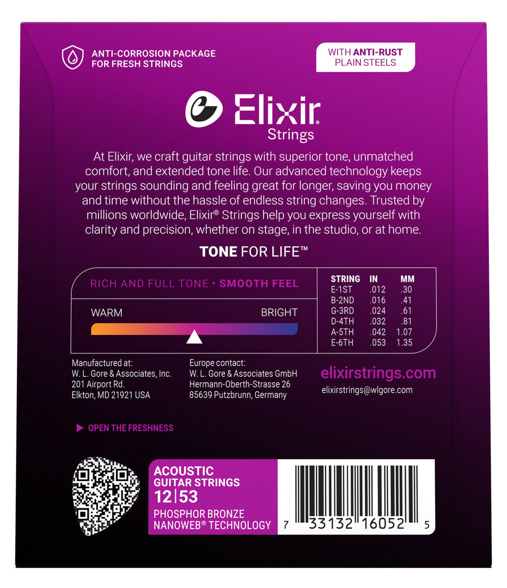 Elixir Nanoweb Coated Phosphor Bronze Acoustic Guitar Strings - Light (.012-.053)