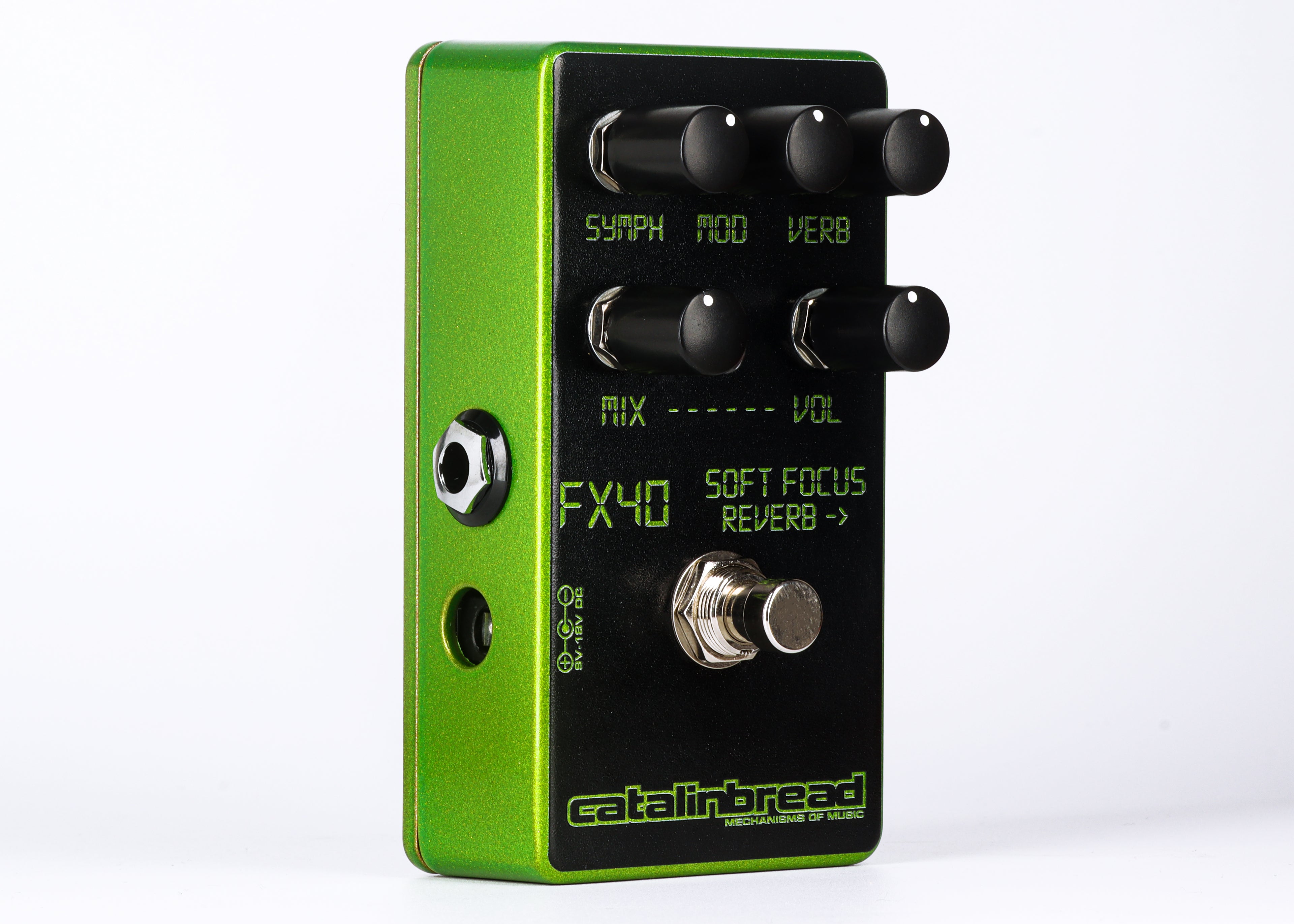 Catalinbread Soft Focus LCD Green reverb pedal — opposite side view showing output jack
