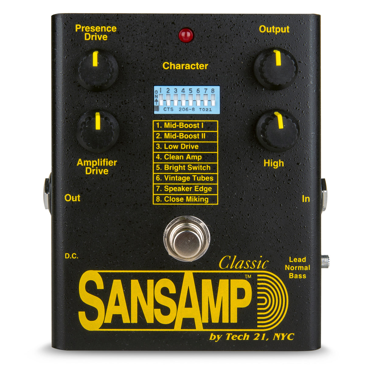Tech 21 SansAmp Classic tube amp emulator guitar pedal — black enclosure with 8-character DIP switches