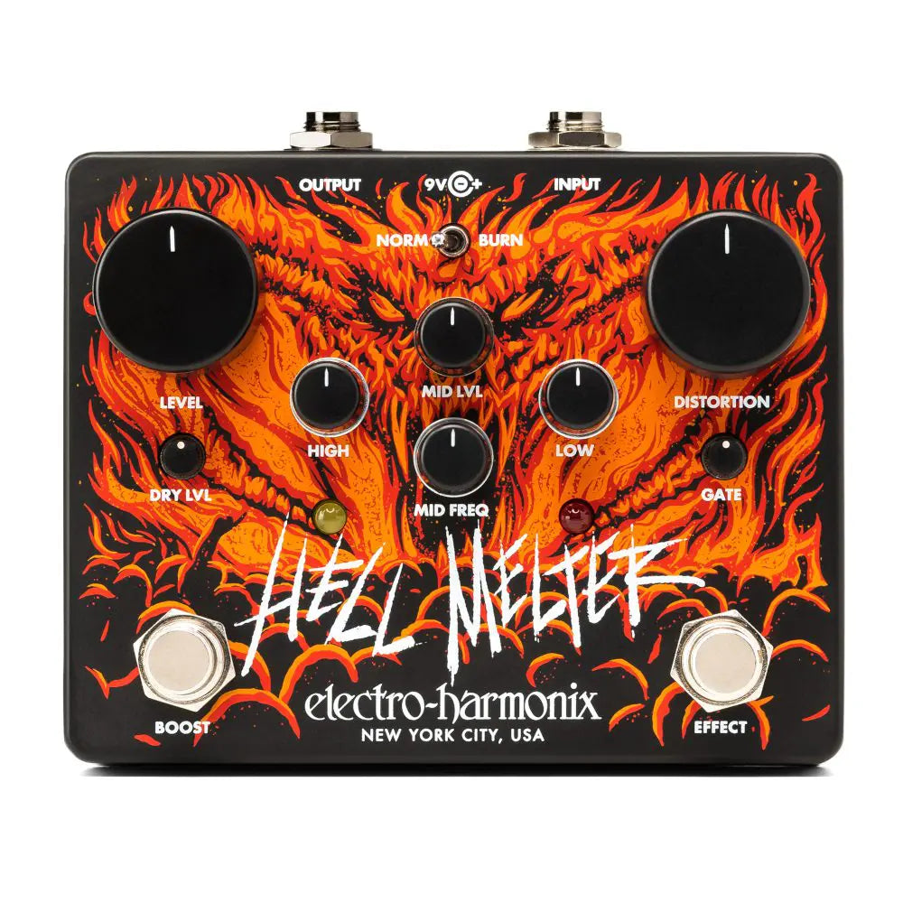 Electro-Harmonix Hell Melter distortion pedal — top view with controls