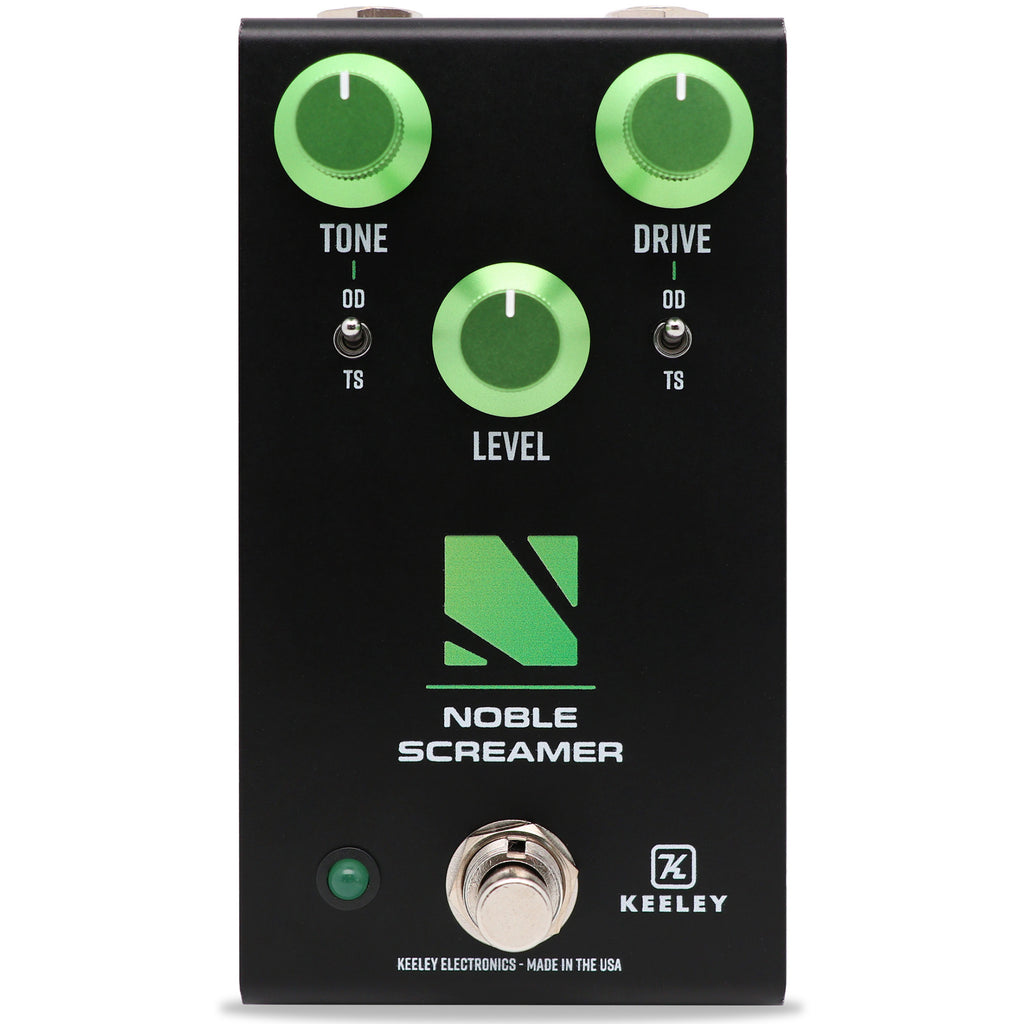 Keeley Noble Screamer overdrive pedal — black with green knobs, front