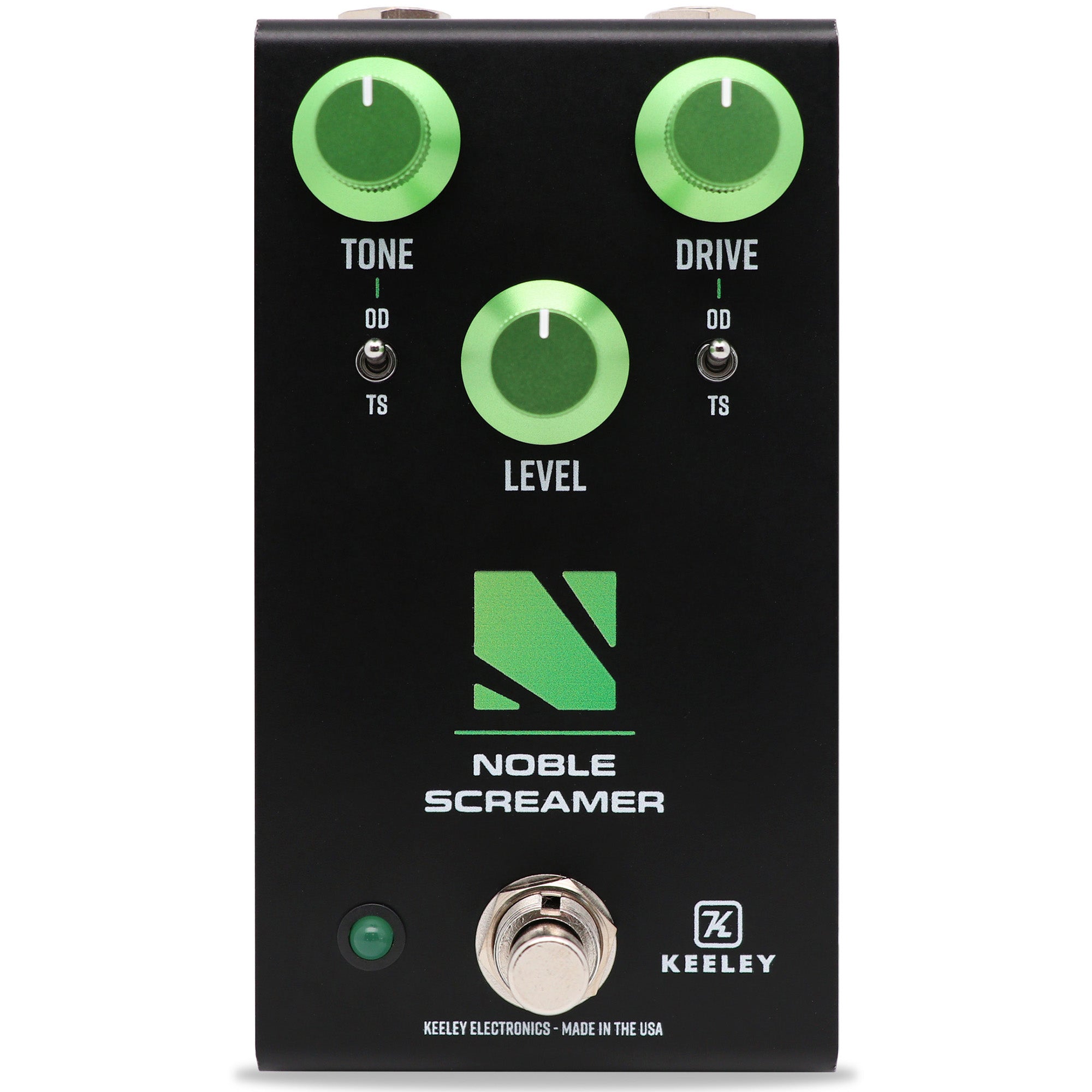 Keeley Noble Screamer overdrive pedal — black with green knobs, front