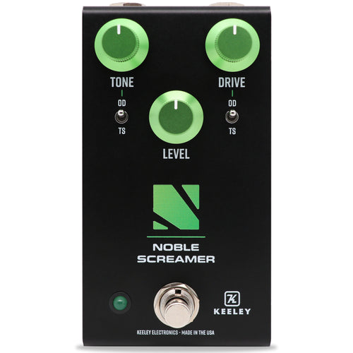 Keeley Noble Screamer overdrive pedal — black with green knobs, front