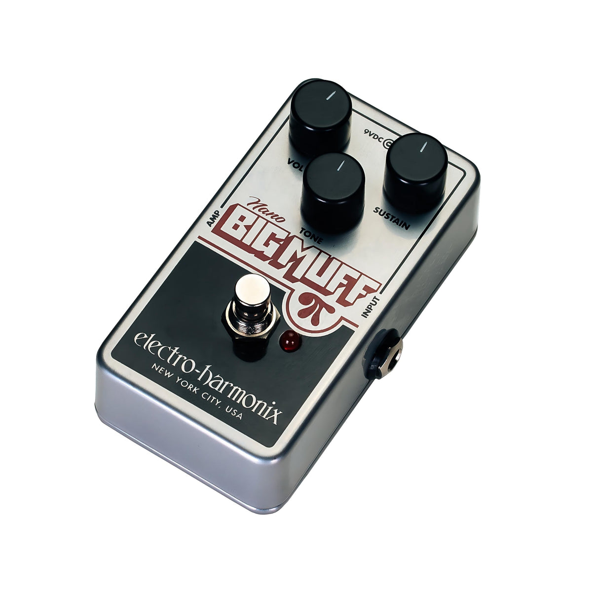 Electro-Harmonix Nano Big Muff Pi, silver, low angle view from the right