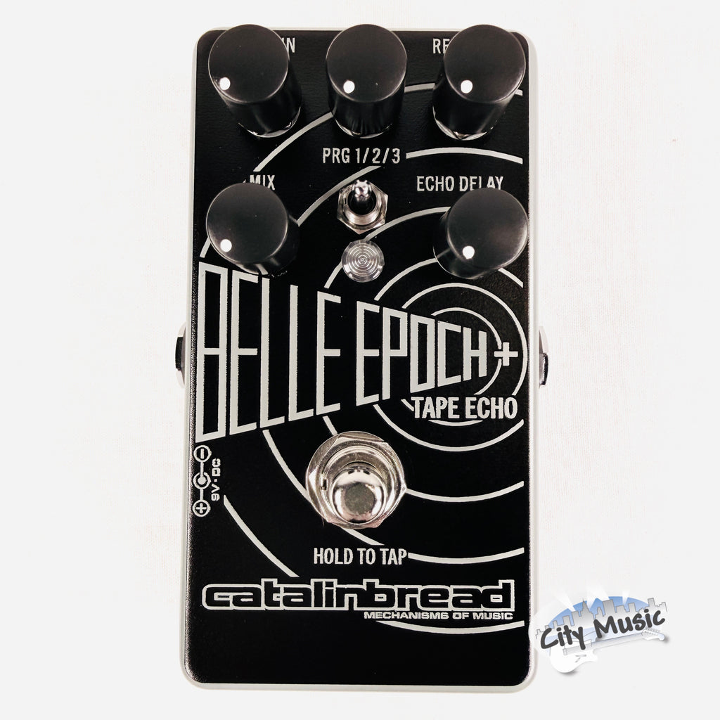 Used Catalinbread Belle Epoch+ tape echo delay — black and silver enclosure, top view