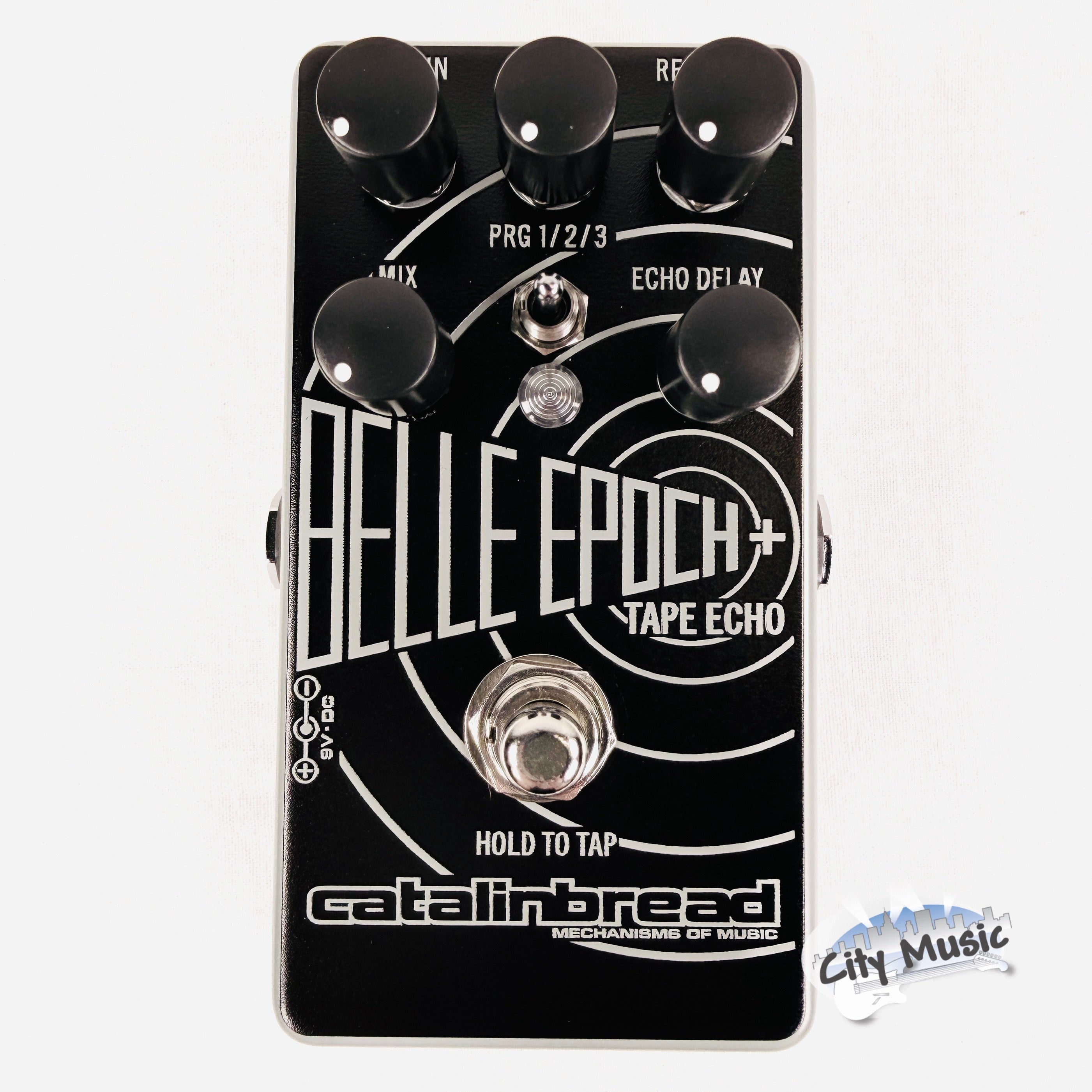 Used Catalinbread Belle Epoch+ tape echo delay — black and silver enclosure, top view