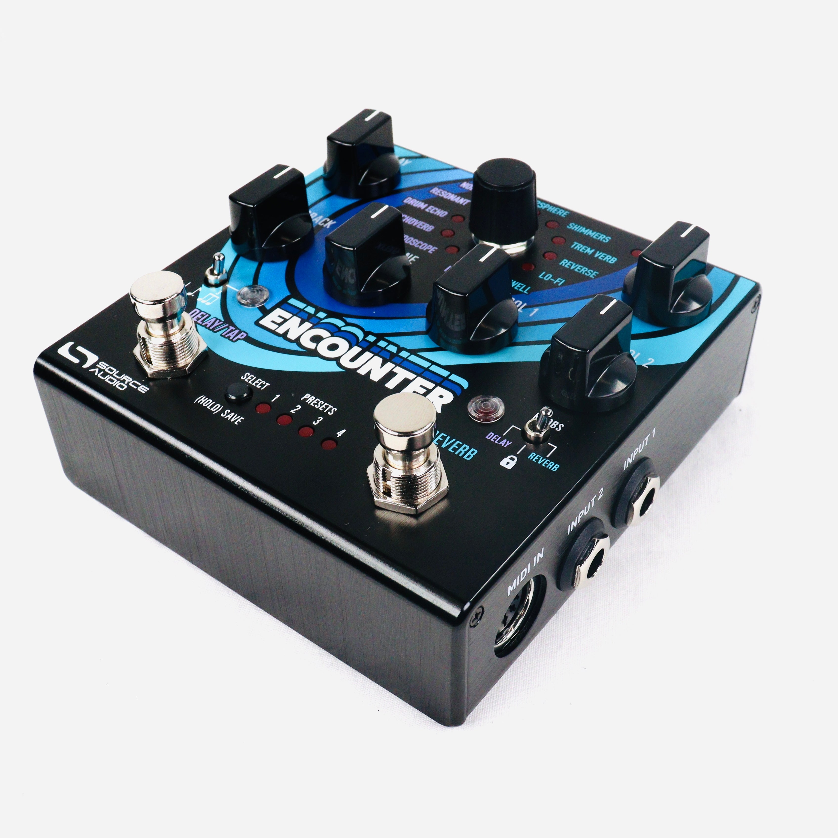 Source Audio Encounter delay reverb pedal — left side jacks
