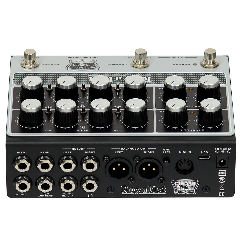 Tone King Royalist tri-tube British preamp pedal — footswitches and bypass detail