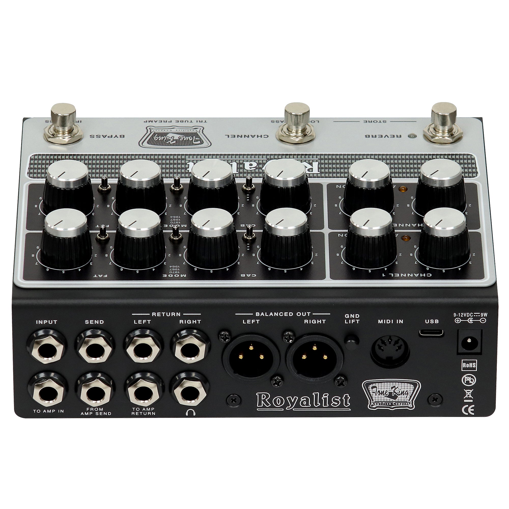 Tone King Royalist tri-tube British preamp pedal — footswitches and bypass detail