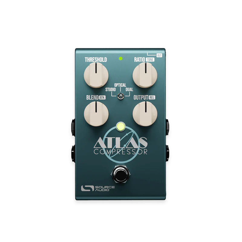 Source Audio SA252 Atlas Compressor pedal — teal enclosure top view