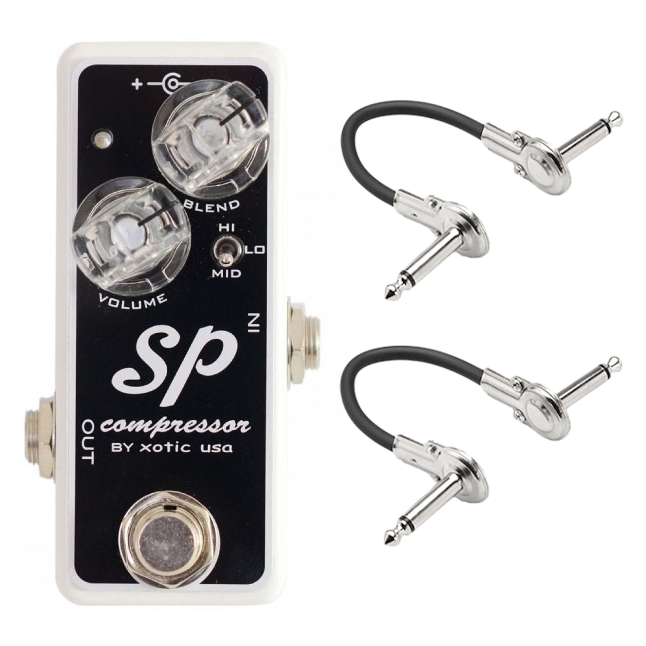 Xotic SP Compressor guitar effects pedal — silver enclosure, front view