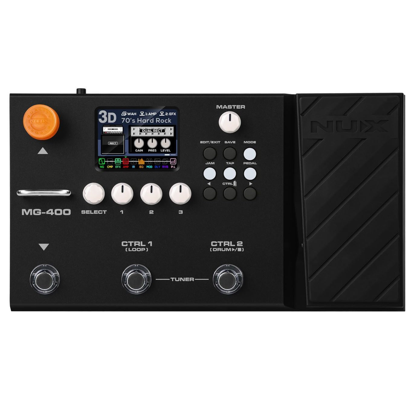 NUX MG-400 multi-effects processor — black unit with expression pedal top view