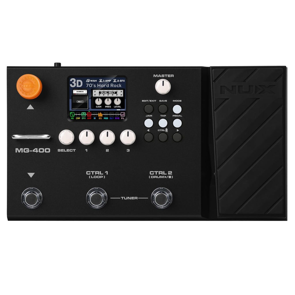 NUX MG-400 multi-effects processor — color LCD and controls detail