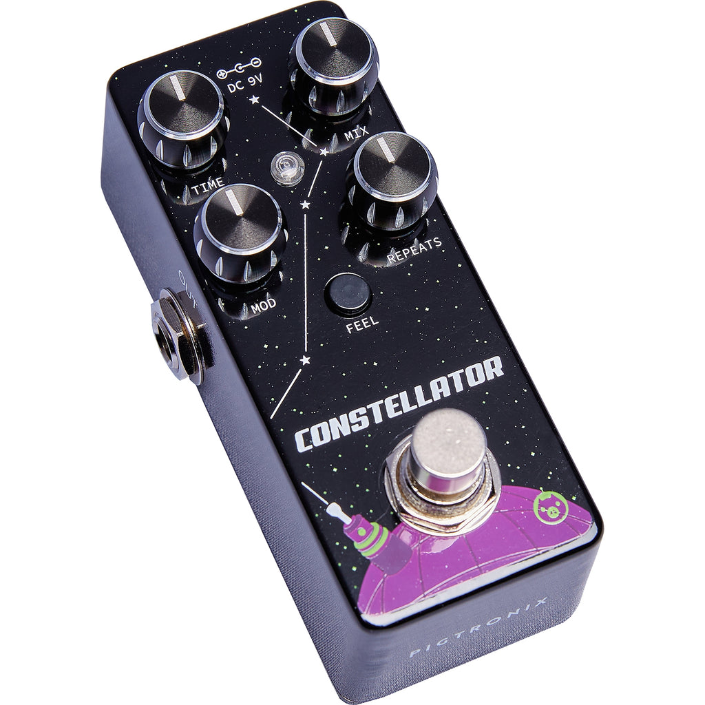Pigtronix Constellator analog delay pedal — black finish, side jack view