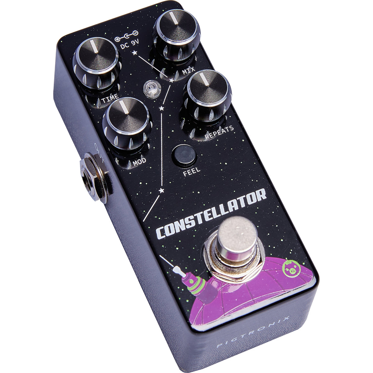 Pigtronix Constellator analog delay pedal — black finish, side jack view