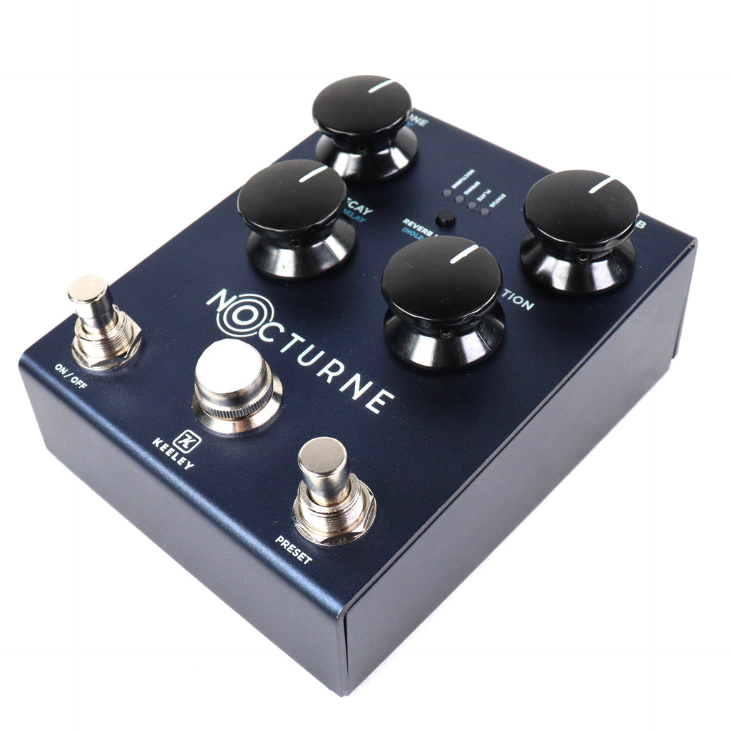 Used Keeley Nocturne reverb pedal — angled footswitch view