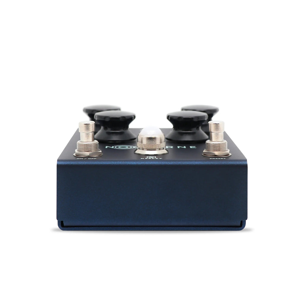 Keeley Nocturne reverb pedal — side profile of blue enclosure