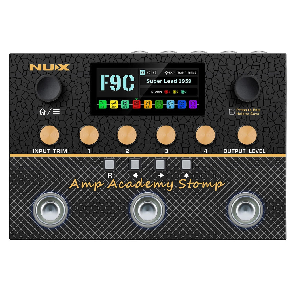 NUX Amp Academy Stomp amp modeler — top view with color display
