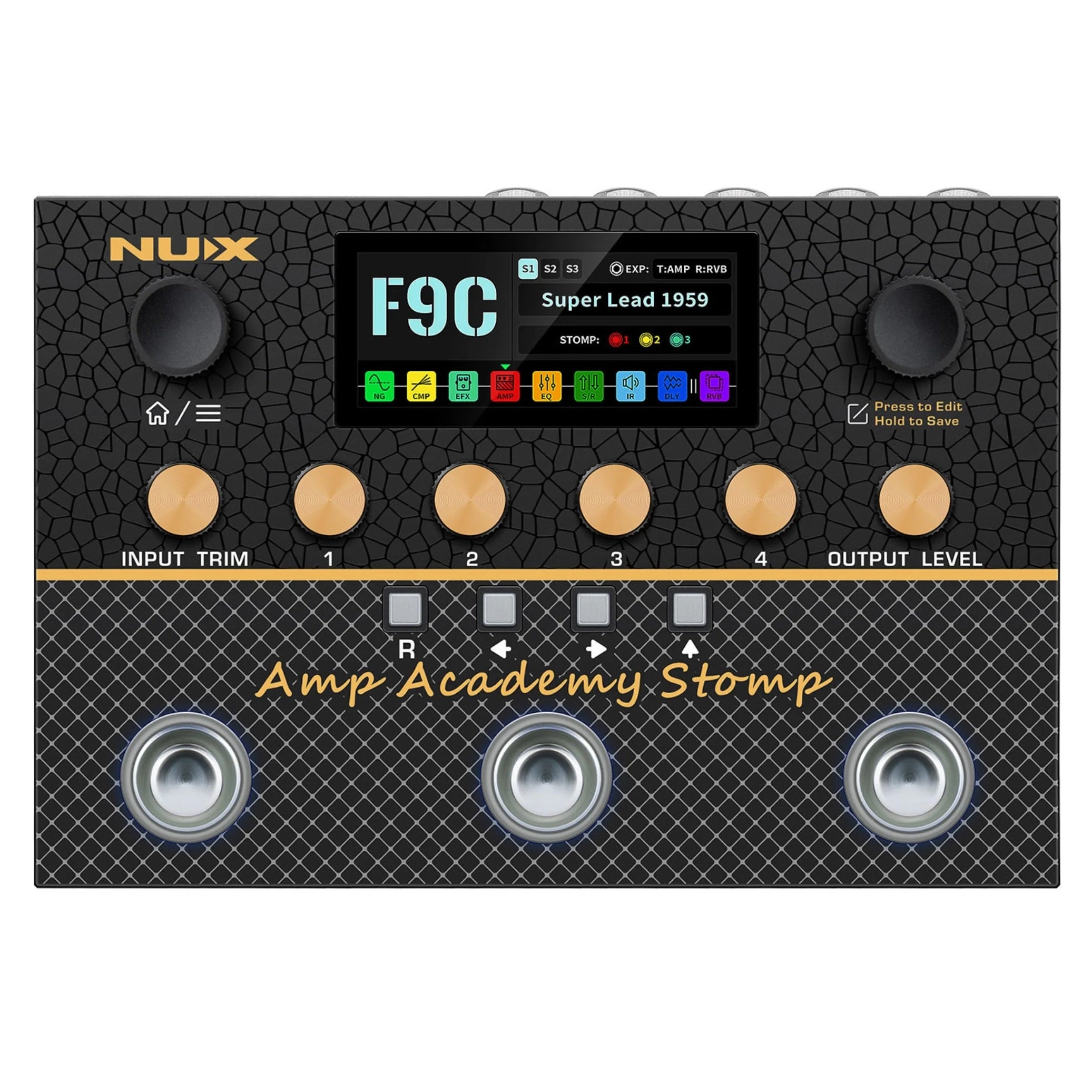 NUX Amp Academy Stomp amp modeler — top view with color display