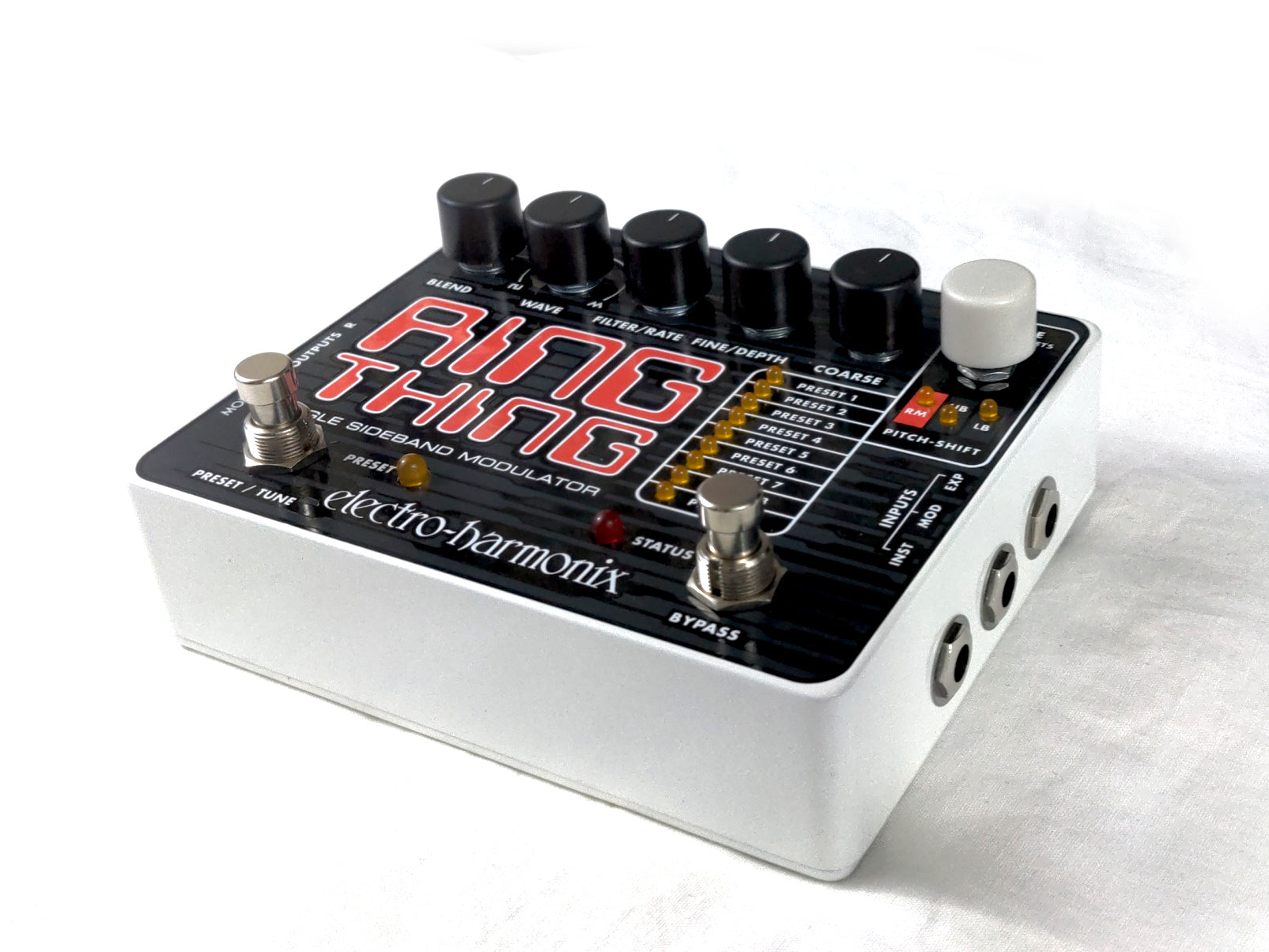 Electro-Harmonix Ring Thing modulator pedal — side jacks view