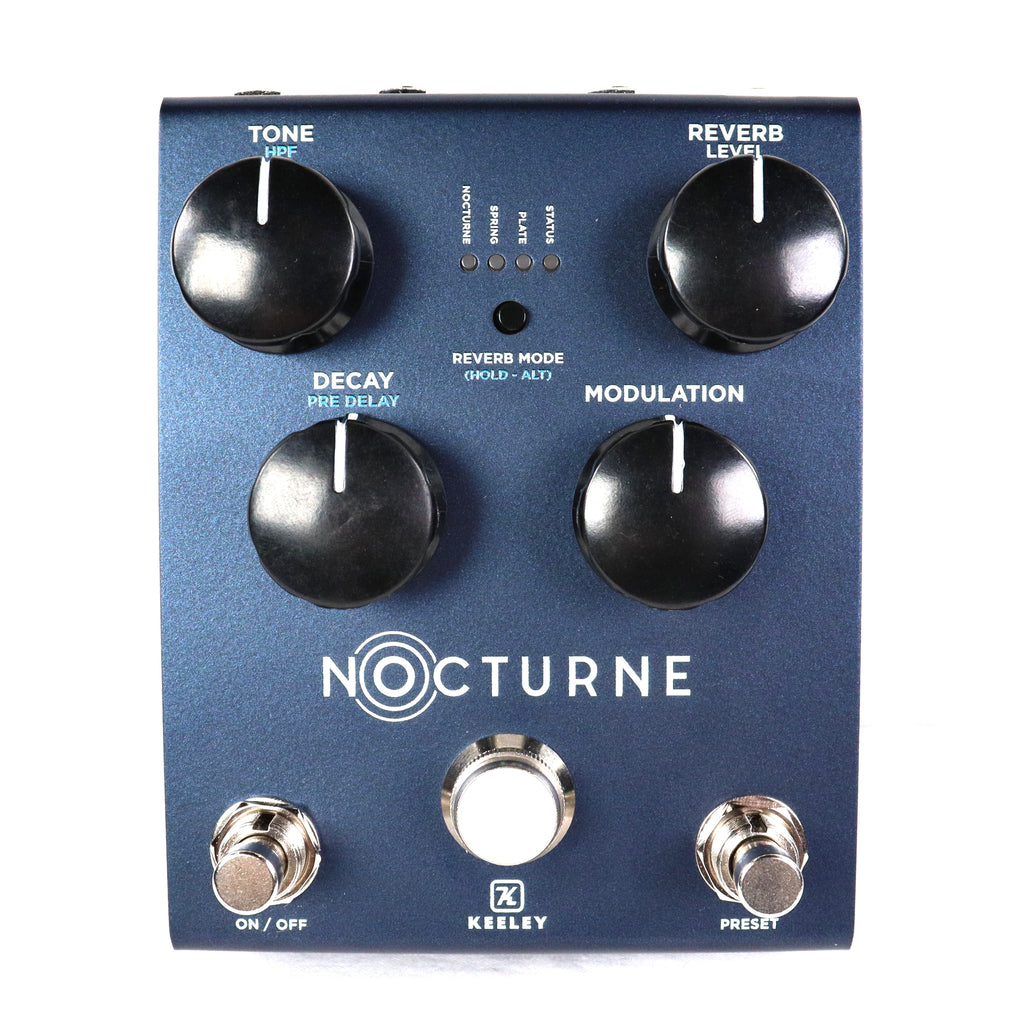 Used Keeley Nocturne reverb pedal — blue enclosure control knobs detail