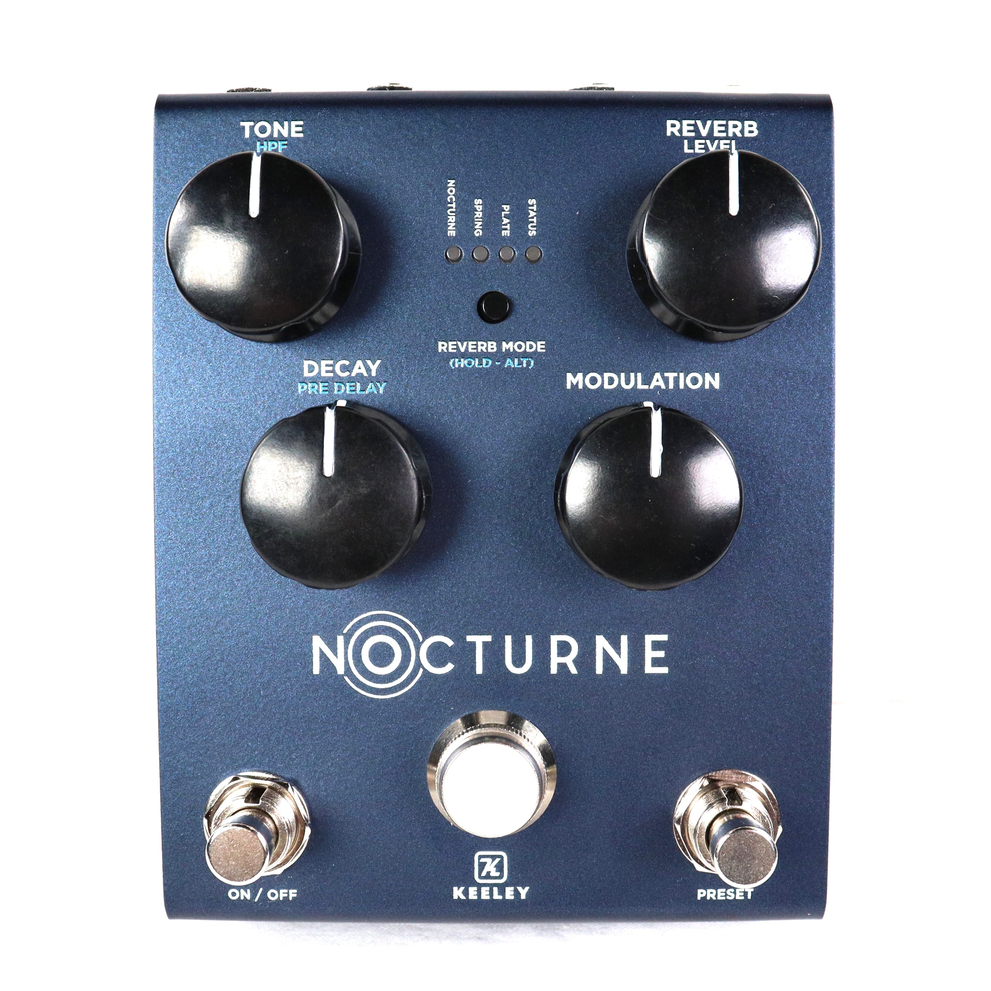 Used Keeley Nocturne reverb pedal — blue enclosure control knobs detail