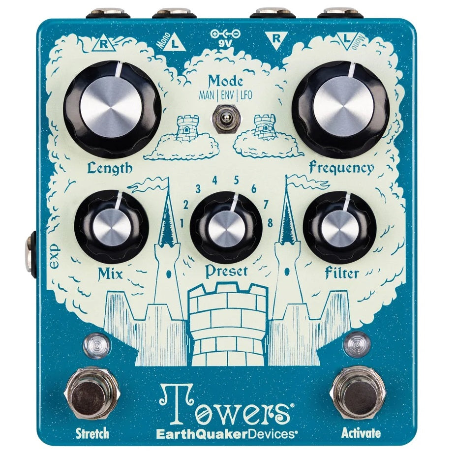 EarthQuaker Devices Towers reverb pedal — top view, blue enclosure