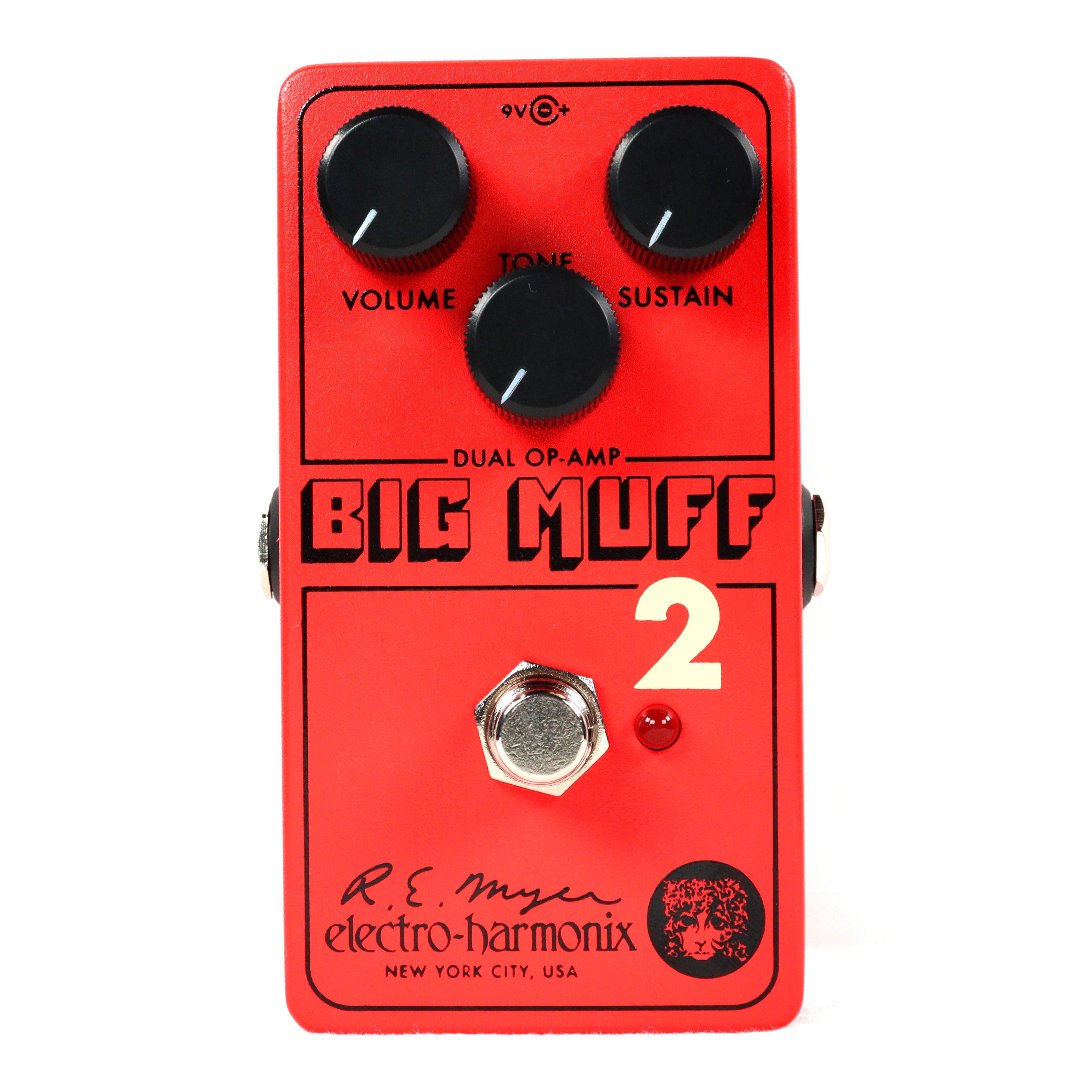 Electro-Harmonix Big Muff Pi 2 fuzz pedal — red enclosure with control knobs