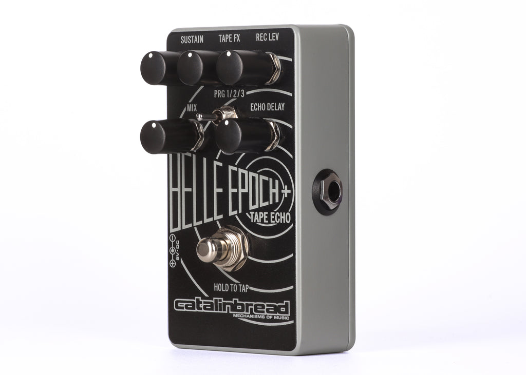 Catalinbread Belle Epoch+ tape echo delay pedal — angled black pedal view