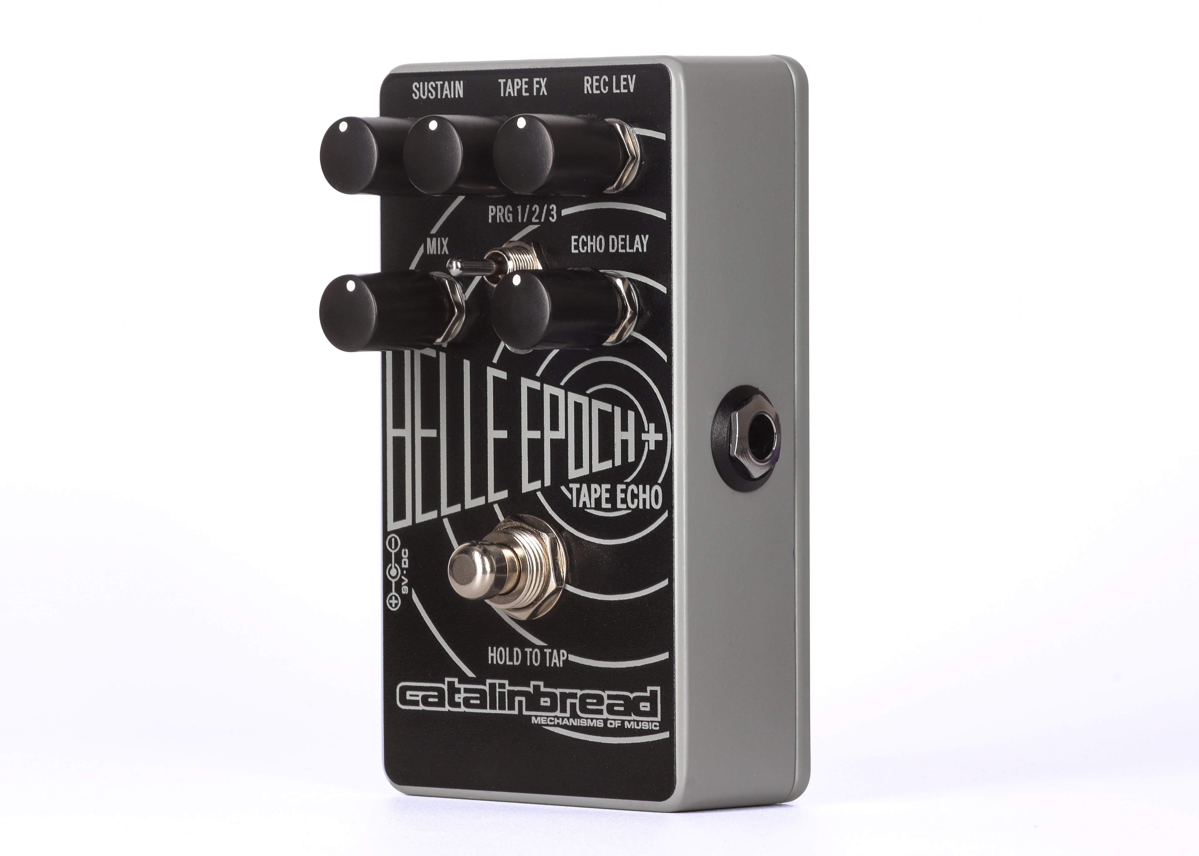 Catalinbread Belle Epoch+ tape echo delay pedal — angled black pedal view