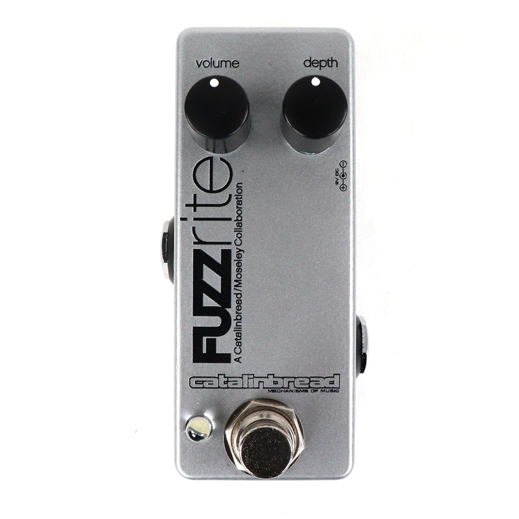 Used Catalinbread Fuzzrite Mini fuzz pedal — silver enclosure, top view