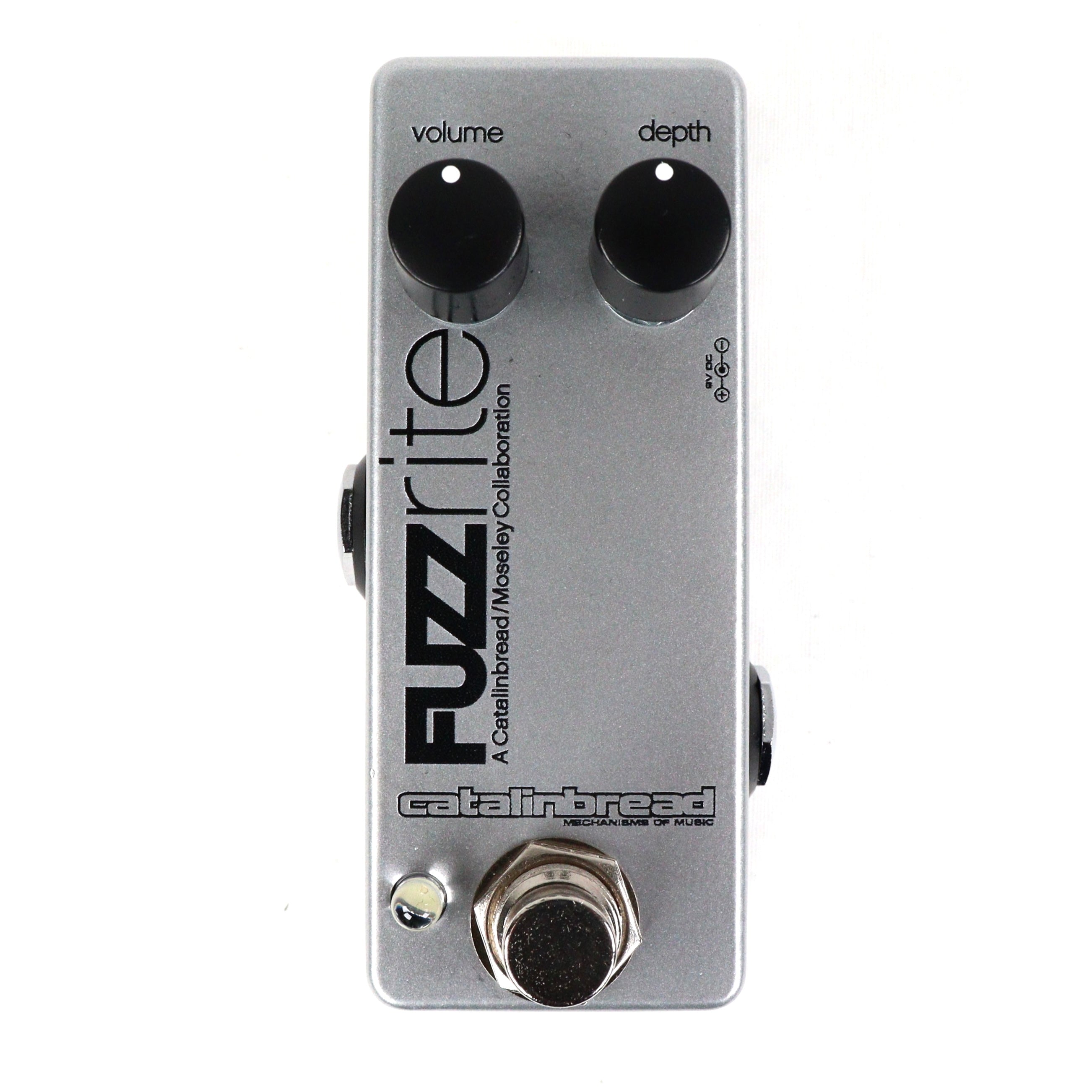 Used Catalinbread Fuzzrite Mini fuzz pedal — silver enclosure, top view