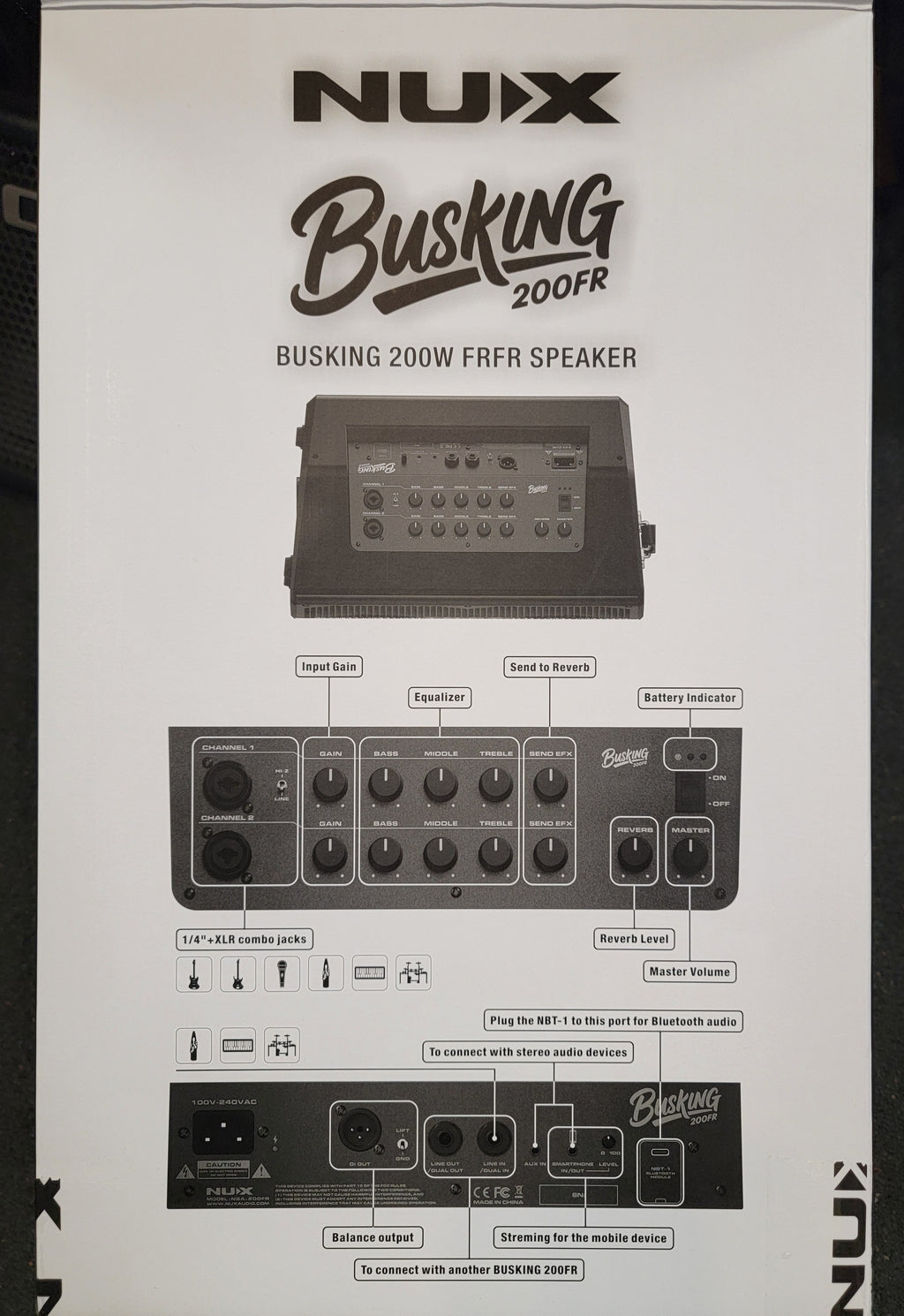 NUX Busking 200FR portable PA speaker — control mixer panel