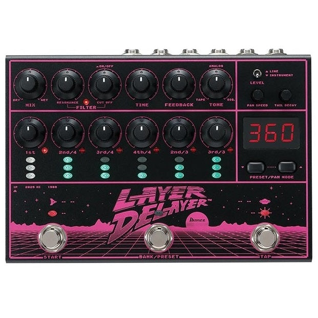 Ibanez LD303 Layer Delayer delay pedal — angled view of black multi-head delay