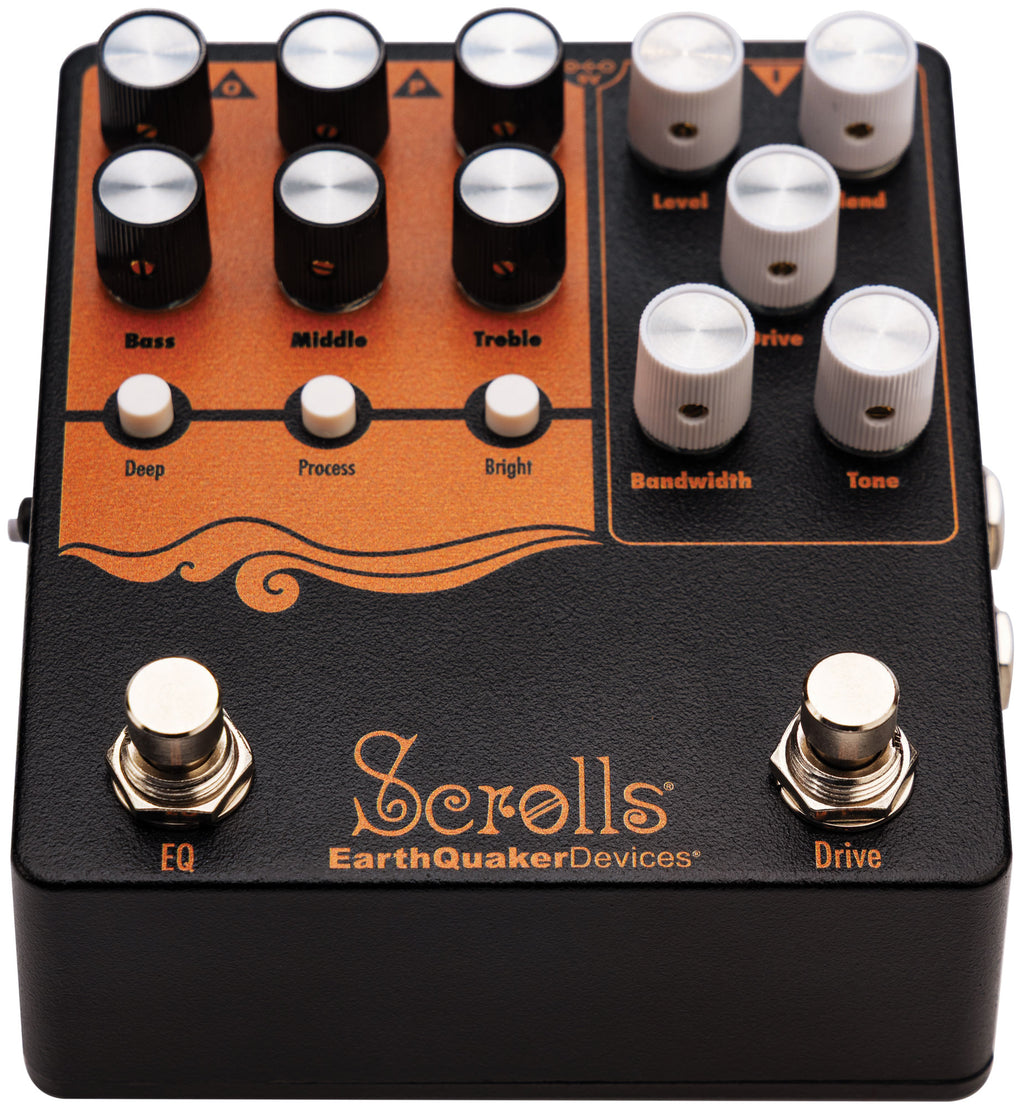 EarthQuaker Devices Scrolls Bass Odyssey bass preamp pedal — controls detail