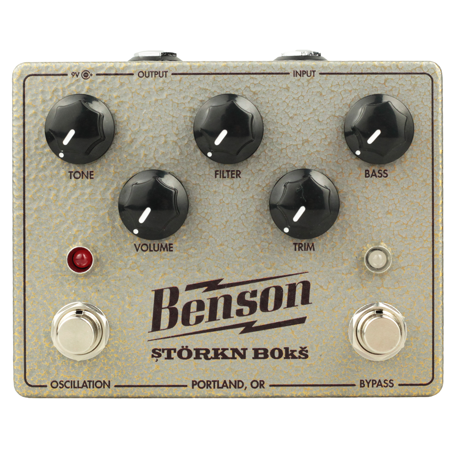Benson STORKN BOKS fuzz pedal — silver hammertone enclosure front