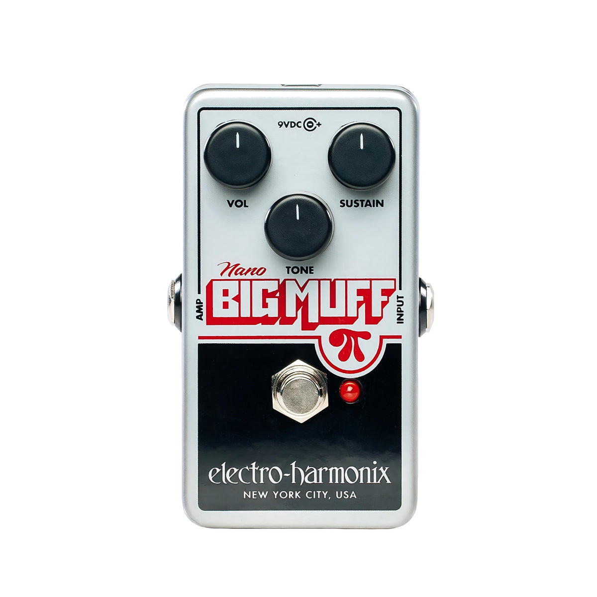 Electro-Harmonix Nano Big Muff Pi fuzz pedal, silver enclosure, front view