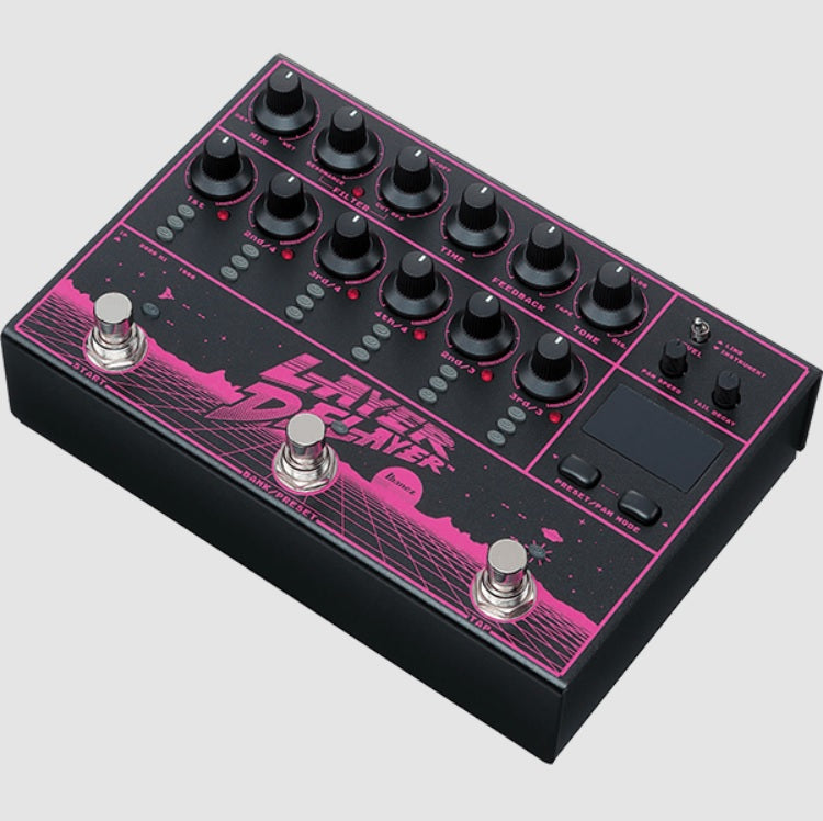 Ibanez LD303 Layer Delayer delay pedal — top-down view of controls and footswitches