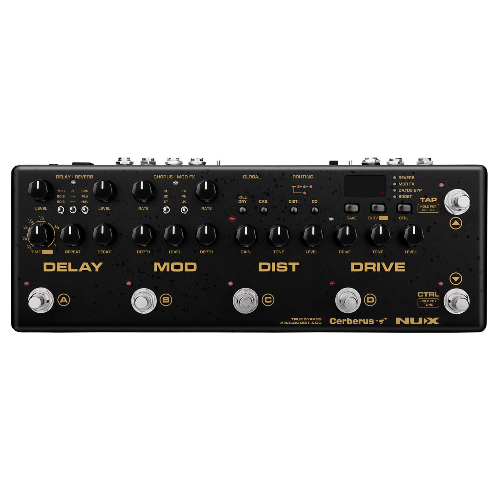 NUX NME-3 Cerberus multi-effects pedal — black top view with drive and FX controls
