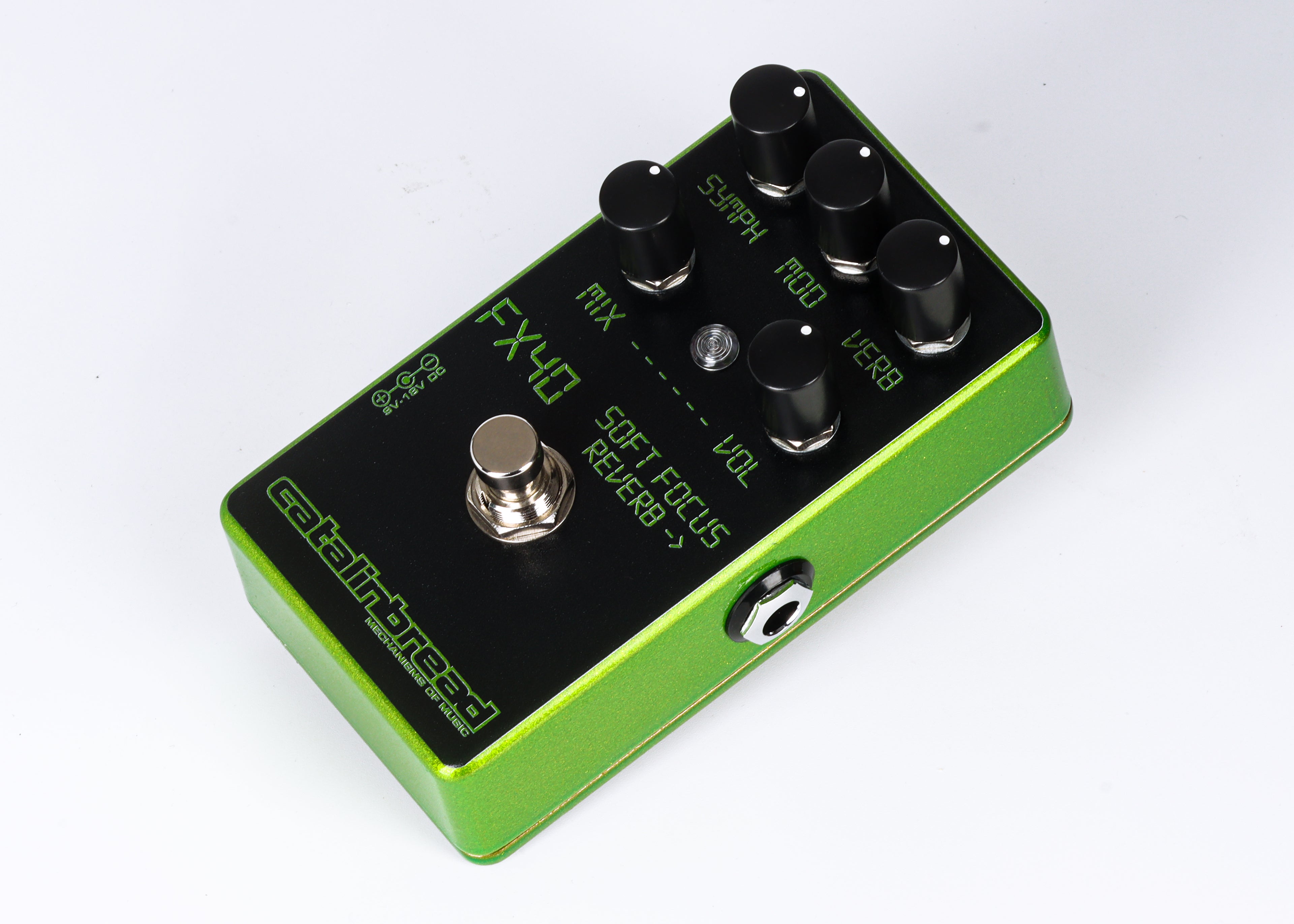 Catalinbread Soft Focus LCD Green reverb pedal — close detail of green graphics and knobs