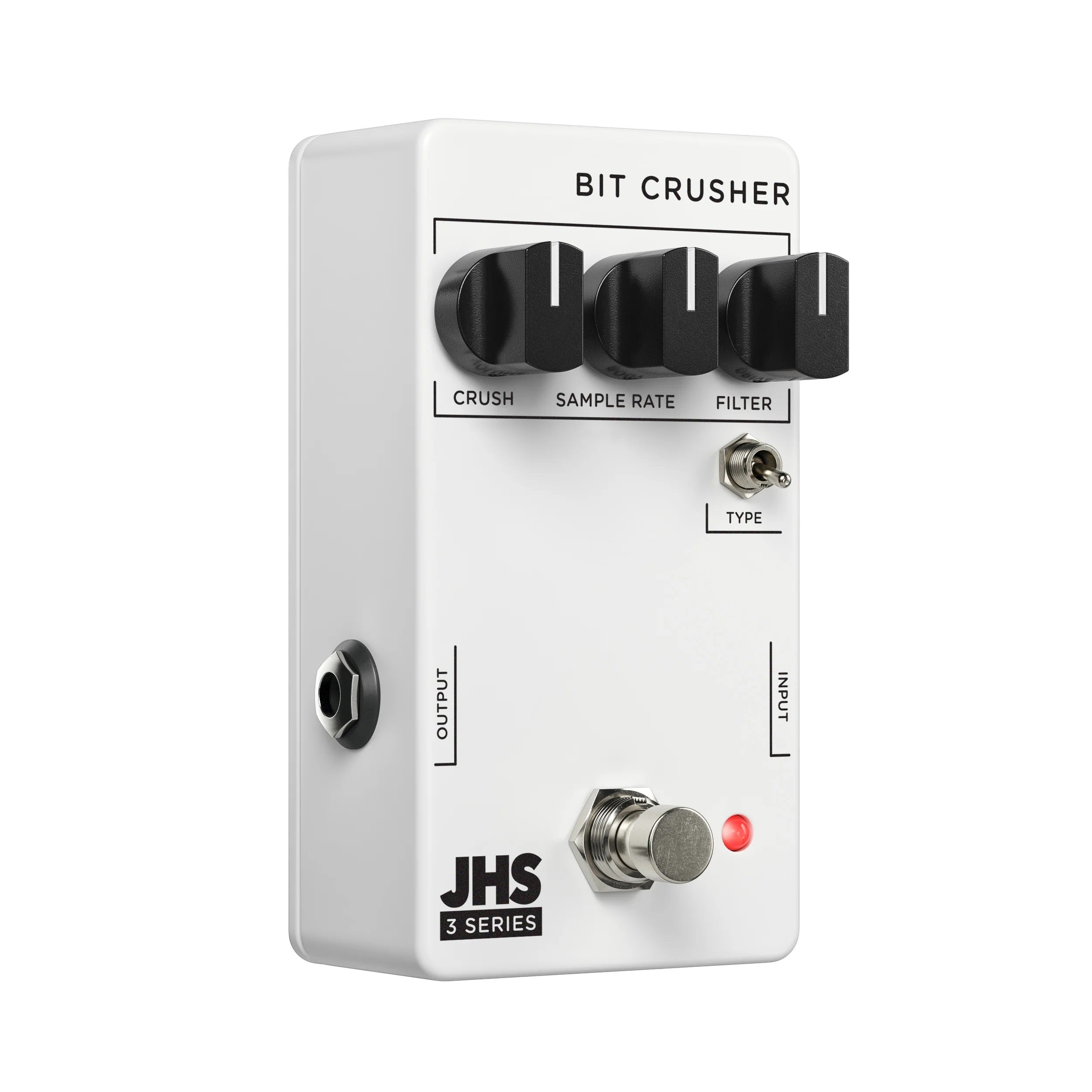JHS 3 Series Bit Crusher pedal — angled view of footswitch and jacks