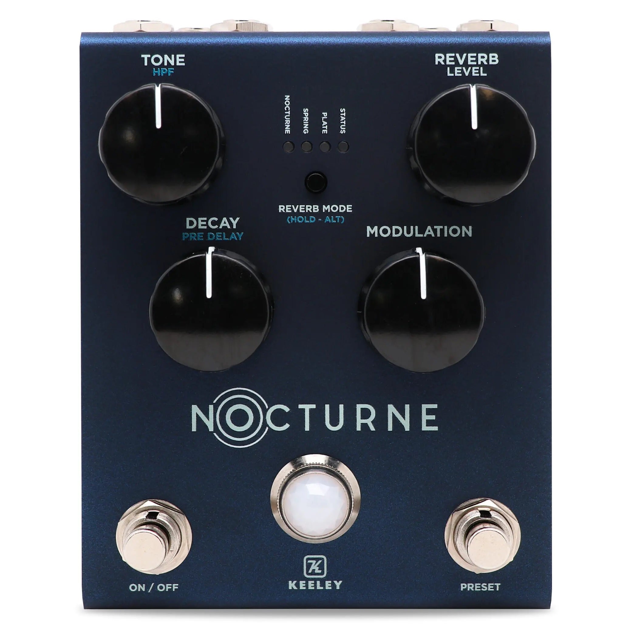 Keeley Nocturne Andy Timmons reverb pedal — blue enclosure top view with four knobs