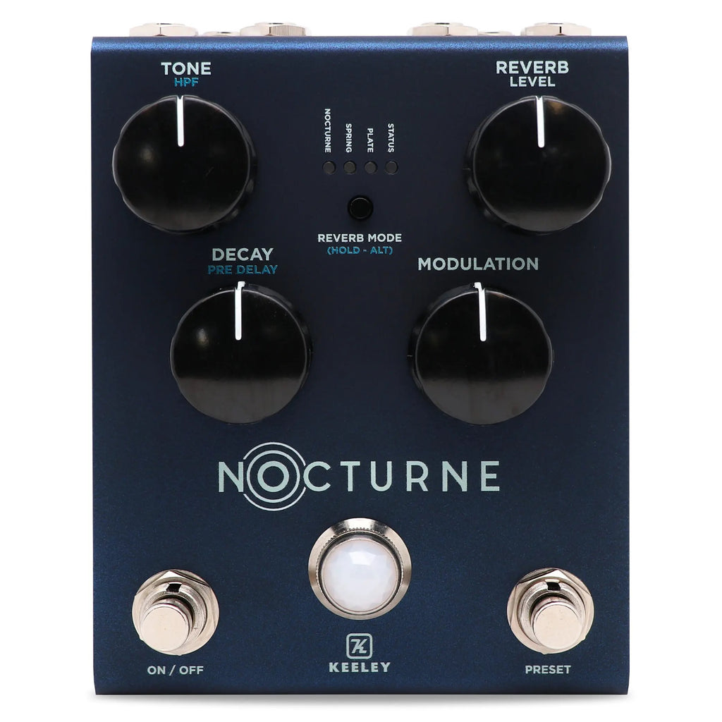 Keeley Nocturne reverb pedal — blue enclosure control panel detail